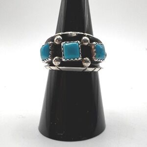 Native American Sterling Silver Turquoise Square Stone Band Size 8 Signed RC‎